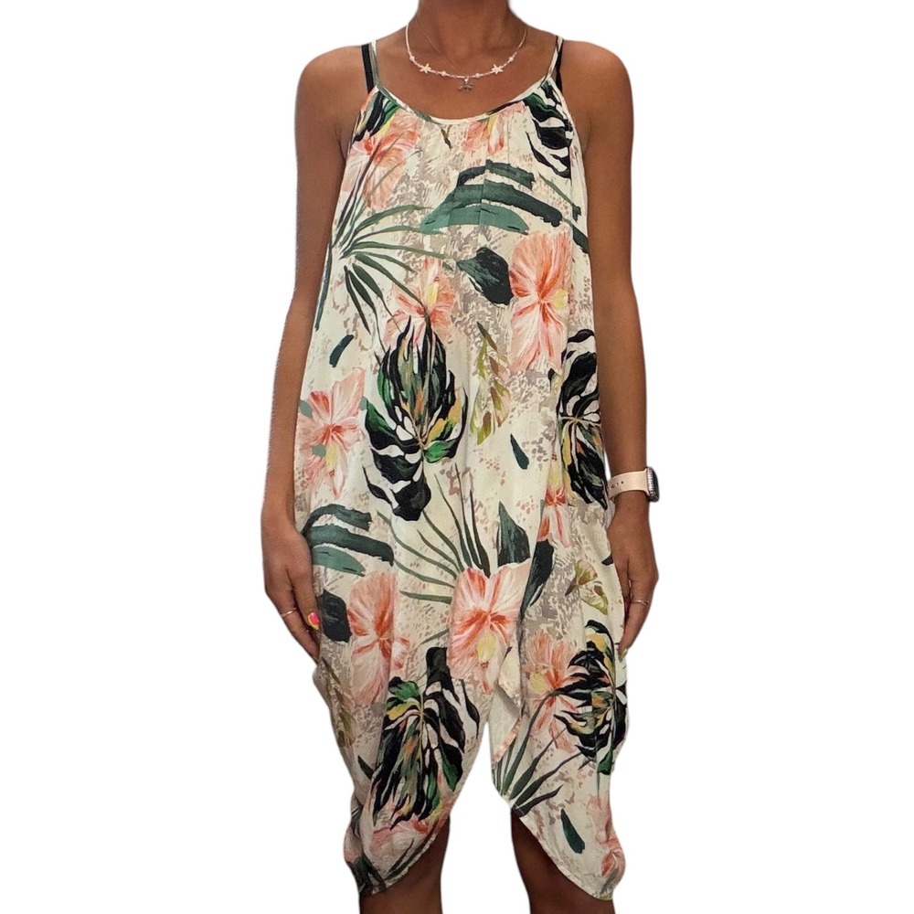 Mynah Women S White Pink Palm Tropical Floral Tulip Beach Coverup Dress Nautical - Picture 3 of 16